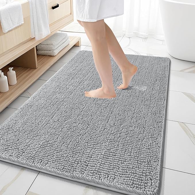 OLANLY Large Bathroom Rugs 59x35, Extra Soft Absorbent Chenille Bath Rugs, Rubber Backing Quick Dry, Machine Washable Bath Mats for Bathroom Floor, Tub and Shower, Home Decor Accessories, Light Grey