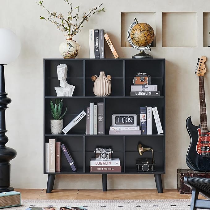 LEYAOYAO 8 Cube Bookshelf,3 Tier Bookcase with Legs,Black Mid-Century Modern Bookshelves,Large Open Storage Organizer Shelf, Wooden Book Case
