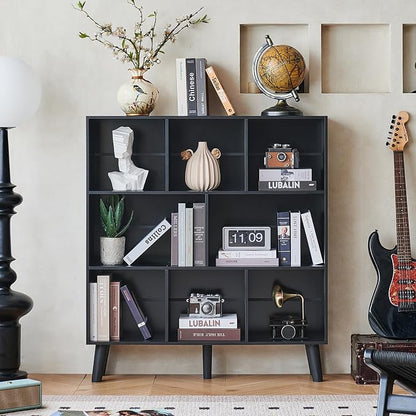 LEYAOYAO 8 Cube Bookshelf,3 Tier Bookcase with Legs,Black Mid-Century Modern Bookshelves,Large Open Storage Organizer Shelf, Wooden Book Case