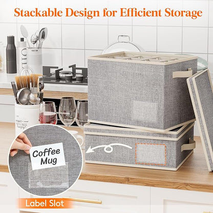Lifewit 2 Pcs of Mug and Wine Glass Storage Box with Dividers, Stackable Cationic Hard Shell Stemware Organizer with 24 Cells, Foldable Dustproof China Containers for Moving, Light Grey