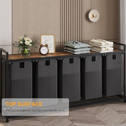 Laundry Basket Five Laundry Hamper with Removable Bags, Fabric Handles, Large Top Shelf and Laundry Bag for Bathroom, Dorm, Laundry Room