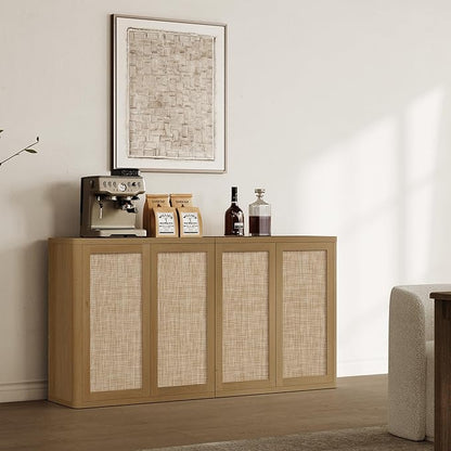 SICOTAS 64" Rattan Modular Buffet Sideboard Storage Cabinet - Large Credenza Console Table with Adjustable Shelves, Farmhouse Boho Coffee Bar Cabinet Stand for Living Room, Hallway, Dining Room