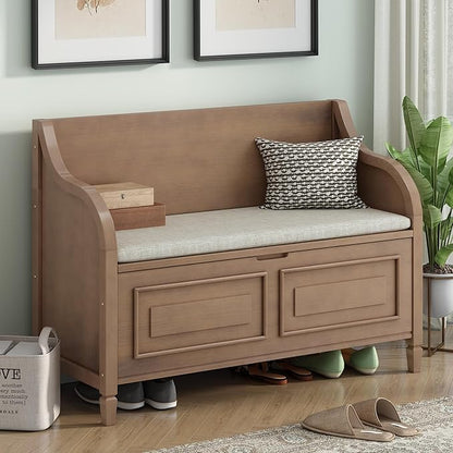 Bellemave Storage Bench with Safety Hinge Wooden Entryway Benches with Shoe Cabinets Under Seat Multifunctional Storage Bench for Entryway, Foyer or a Mudroom (Brown + Beige)