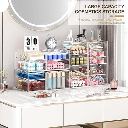 caktraie Makeup Organizer Storage With 16 Drawers, 4 Pcs Desktop Office Supplies, Desk Organizers, Clear Accessories, Dustproof Storage Drawer and for Make Up, Jewelry, Pen, Stationary