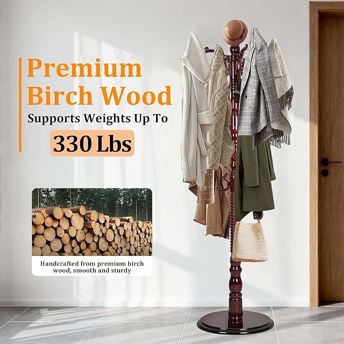 Solid Birch Wood Cloth Tree with Hooks, Coat Rack Freestanding with Adjustable Height 37.4’’-72.83’’, Wooden Freestanding Coat Rack for Entrance, Office, Living Room, Bedroom, Corridor