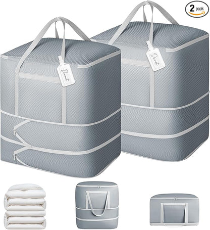 Comforter Storage Bag - 120L Bedding Storage Bags for Moving Closet, Washable Blanket Storage Bag, Ultra Space Saving Self Compression Organizer, 2-Pack, Grey