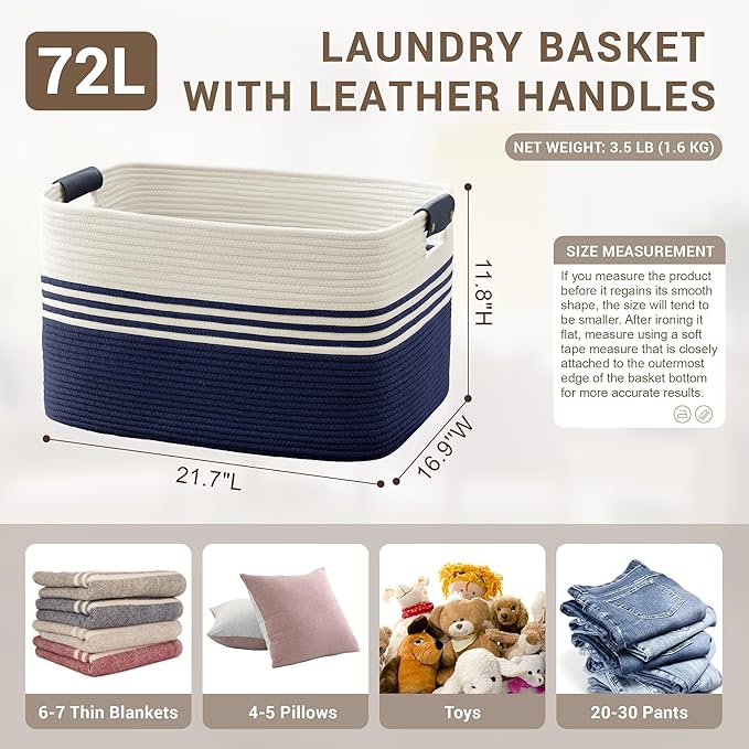 SunNewt 72L Large Laundry Basket with Leather Handles for Living Room Storage, Woven Rope Baskets Bin for Blanket, Kids Toy, Gifts, Wicker Hamper for Bedroom Dirty Clothes, 22"x17"x12" White Navy