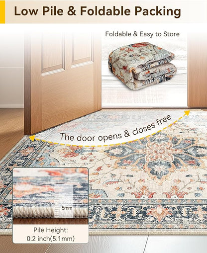 RELEANY Area Rugs Runner 2'x6' Washable Non-Slip, Floral Vintage Distress Medallion Carpet for Kitchen Hallway Bedroom Beside Laundry Room Bathroom, Beige Navy Blue Orange Colorful