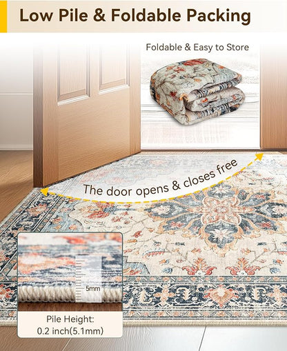 RELEANY Area Rugs 3'x5' Washable Non-Slip, Floral Vintage Distress Medallion Carpet for Living Room Bedroom Dining Room, Beige Navy Blue Orange Colorful