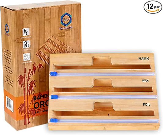 Foil and Plastic Wrap Organizer with Kitchen Aluminum Foil Holder, Cling Plastic Wrap Dispenser with Cutter and Labels, Bamboo Kitchen Wrap Organizer (3 in 1)
