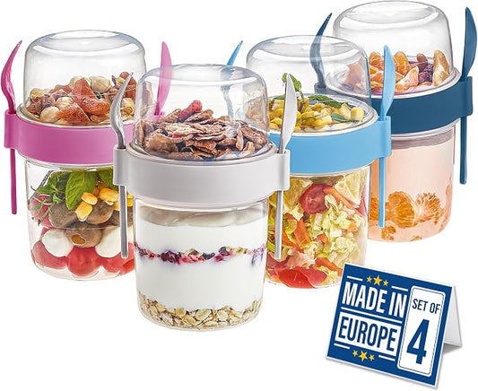 Crystalia 4 Pack 22 oz On The Go Yogurt Parfait Cups with Lids & Spoons - Overnight Oats Containers, Take and Go Reusable Cup with Topping Cereal or Oatmeal Container, Colorful