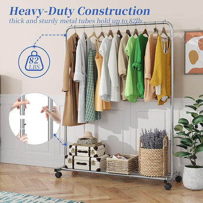 Simple Trending Standard Clothes Clothing Garment Rack with Storage Shelves, Rolling Clothes Organizer on Wheels for Hanging Clothes, Silver