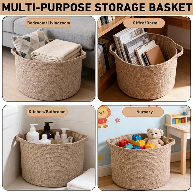 90L Extra Large Blanket Basket,Woven Rope Laundry Basket Hamper with Handles, Decorative Nursery Basket Storage Bin for Toys, Clothes Organizer, Living Room, Bedroom, Bathroom, Brown