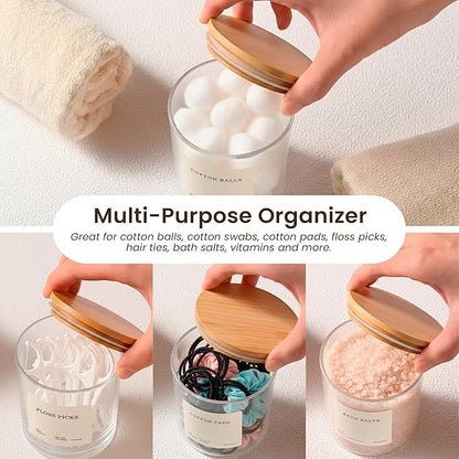 Maisonovo Glass Bathroom Containers with Lids (Airtight) - Qtip Holder - Apothecary Jars for Cotton Rounds, Swabs, Balls, Pads - Clear Q Tip Dispenser - 2 pcs Bathroom Canisters Set for Organization