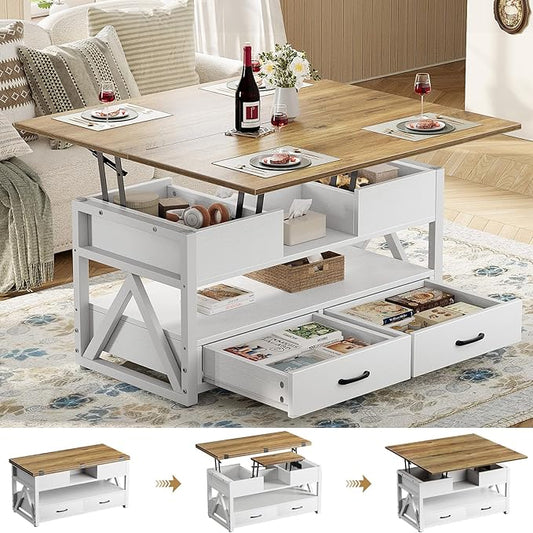 Memobarco 40" Lift Top Coffee Table,4 in 1 Multi-Function Lift Coffee Tables with Storage Drawers and Hidden Compartmen,Farmhouse Coffee Table with Lifting top for Living Room, White+Brown