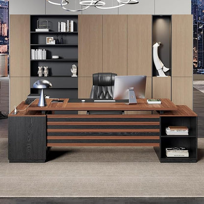 L-Shaped Executive Desk with Drawers, 78-Inch Large Home Office Desk with Power Outlet and Lateral File Cabinet, Modern Computer Table with Open Shelf and Storage Cabinet for Home, Brown Black