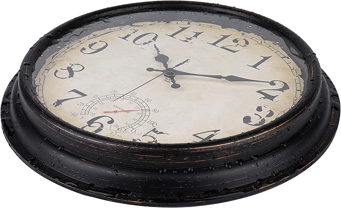 Wall Clock Vintage Style Inodor Outdoor Clock 16 Inch Large Wall Clocks Waterproof with Thermometer for Living Room Patio Pool Garden (Bronze)