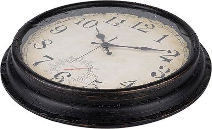 Wall Clock Vintage Style Inodor Outdoor Clock 16 Inch Large Wall Clocks Waterproof with Thermometer for Living Room Patio Pool Garden (Bronze)