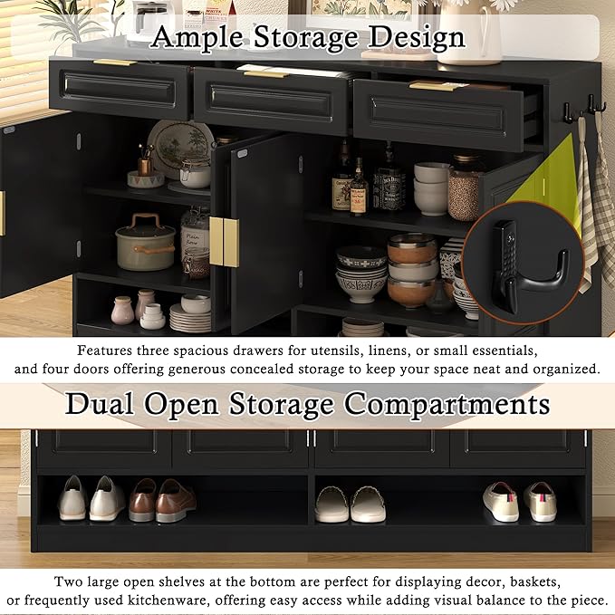 Buffet Table with 3 Drawers, 59.1" Multi-Functional Buffet Cabinet with Storage, Sideboard Cabinet with Adjustable Shelf for Dining Room, Living Room, Entryway, Black