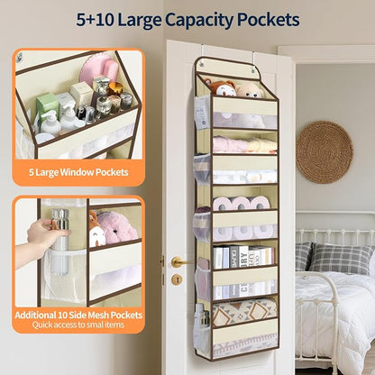Yecaye Over The Door Organizer Storage, 5-Tier Heavy Duty Door Organizers Hanging with 10 Side Mesh Pockets, 44 lbs Load Capacity Behind Door Storage for Bathroom Nursery Bedroom Dorm Closet,Beige,1Pc