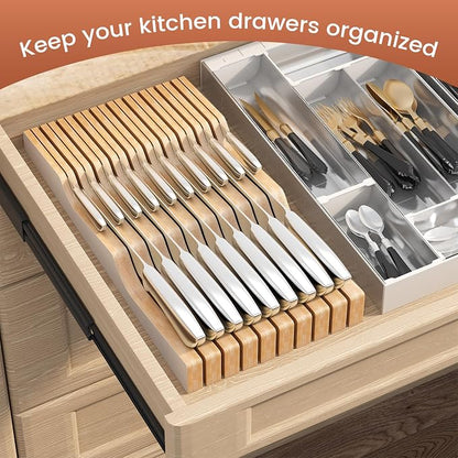 In-Drawer Knife Block Organizer - Bamboo Wood Drawer Knife Organizer-Protecting Knife Organizer Block (Not Included) (White, 19 Knives Dock)