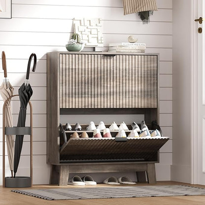 Shoe Cabinet Storage for Entryway with 2 Flip Drawers, Fluted Narrow Shoe Organizer with Wooden Legs, Freestanding Slim Shoe Storage Hidden Shoe Rack Organizer for Front Door Entrance, Grey