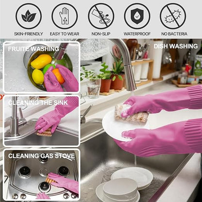 DABOGOSA Mamison 2 Pairs Reusable Waterproof Household Dishwashing Cleaning Rubber Gloves, Non-Slip Kitchen Glove (Pink, Large (Pack of 2))