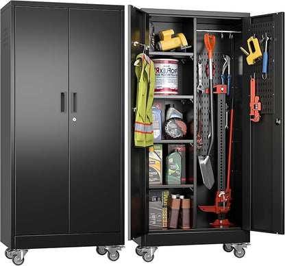 61.7"H Metal Garage Storage Cabinet with Wheels and Hanging Rod,Broom Closet Storage Cabinet with Pegboard and 4 Adjustable Shelves with 120LBS for Garage Home Office School,Required Assembly,Black