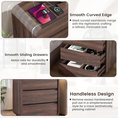 Walnut Nightstand with Charging Station, Modern Curved End Table with 3 Drawers, 25" Tall Wood Bedside Table, Mid Century Night Stand for Bedroom, Dorm, Sofa, Office