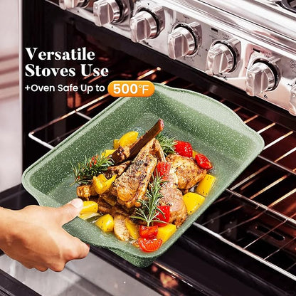 Kitchen Academy 17 Pieces Induction Cookware Set with Griddle, Green Granite Pots and Pans Set Non Stick, Healthy Nonstick Cooking Pans Set