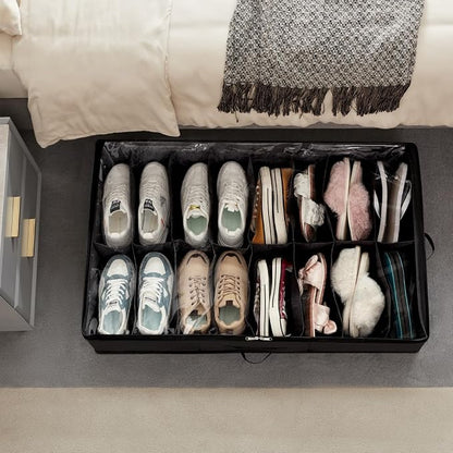 Lifewit Under Bed Shoe Storage Organizer 2 Pack(16 Shoes Cells+4 Boots Cells), 4.3 Inches Profile Fabric Shoes Container Box with Clear Cover, Foldable Storage Bag with 2 Handles, Fits 24 to 40 Pairs