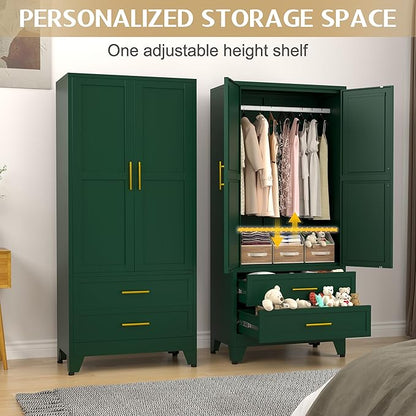 71" Metal Wardrobe Cabinet with 2 Doors, 1 Adjustable Shelf and 2 Drawers, Metal Clothing Storage Cabinets with Hanging Rod, Armoire Wardrobe Closet for Bedroom, Cloak Room, Gym (Green)