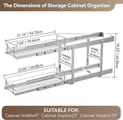 2 Tier Pull Out Cabinet Organizer 9" W X 22" D, Slide Out Drawers for Kitchen Cabinets, Pull Out Drawers for Cabinets Capacity Heavy Duty Caddy, Cabinet Pullout Shelves Chrome-Plated,Bathroom Pantry