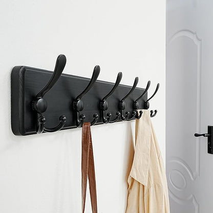 Dseap Coat Rack Wall Mounted - 24" Long 6 Tri Hooks, Heavy Duty Wooden Wall Coat Hanger Coat Hook for Clothes Hat Jacket Clothing, Black