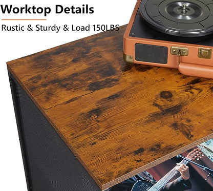 Cottage Charm Large Record Player Stand Table with Vinyl Record Holder Up to 150PCS, AV Media Stand Stereo Cabinet Shelf Rack Tower with Storage, Sturdy, Adjustable Feet, Rustic, Large Capacity