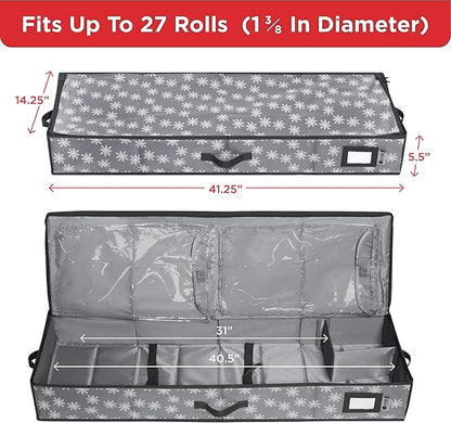 HOLDN’ STORAGE Premium Wrapping Paper Storage Container - Durable 600D Tear-Proof, Fits 27 Rolls Gift Wrap, Extra Pockets for Ribbons & Bows, Underbed Storage - Ideal for Holiday Christmas, Grey/White Snowflakes
