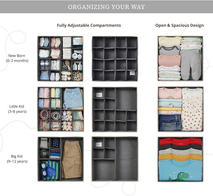 DECOMOMO Adjustable Drawer Organizer Clothes, 12 Pack Fabric Storage Bins, Drawer Dividers, Baby Dresser Organizer for Nursery, Underwear, Bra, Socks (Grey)