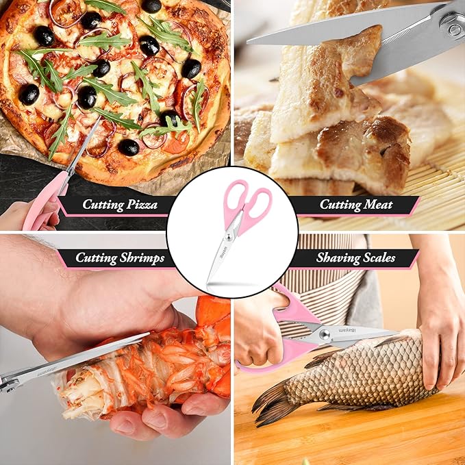 iBayam All Purpose Kitchen 2 Pack Heavy Duty Food Meat Poultry Shears with Protective Sheath, Dishwasher Safe, Comfort-Grip Cute Aesthetic Scissors Gift for Women Mom Wife Her Couple Pastel Pink