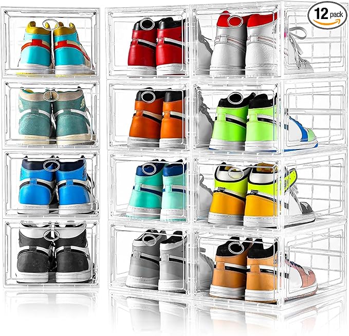 12 Pack Clear Shoe Storage, Stackable Shoe Organizer, Shoe Boxes for Closet | Plastic Shoe Containers with Magnetic Door, Sturdy Sneaker Storage Organizer, Shoe Cabinet Fit up to US Size 12