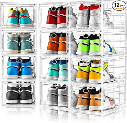 12 Pack Clear Shoe Storage, Stackable Shoe Organizer, Shoe Boxes for Closet | Plastic Shoe Containers with Magnetic Door, Sturdy Sneaker Storage Organizer, Shoe Cabinet Fit up to US Size 12