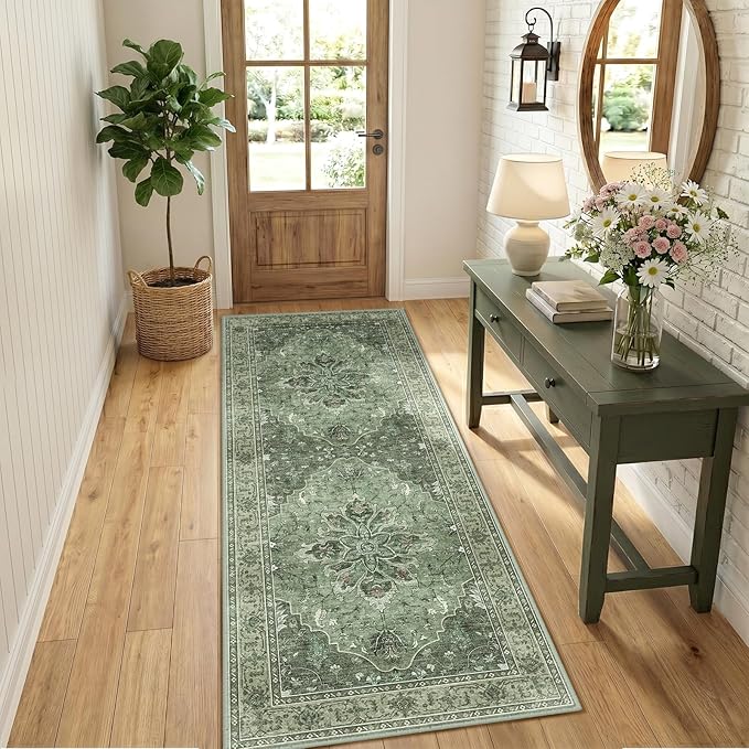 RELEANY Area Rugs Runner 2'x6' Washable Non-Slip, Floral Vintage Distress Medallion Carpet for Kitchen Hallway Bedroom Beside Laundry Room Bathroom, Dark Green Gray
