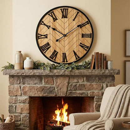 EMAX HOME 24 Inch Large Wall Clock Farmhouse Style - Brown Silent Non-Ticking Rustic Decor for Living Room, Kitchen, Bedroom