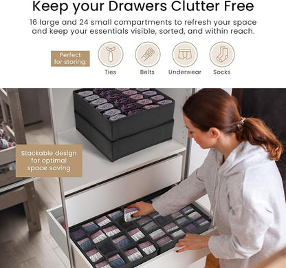Reli. Sock Organizer (4 Pack) | 16+24 Cell Underwear Organizer | Drawer Dividers for Underwear, Socks, Ties, Belt | Foldable Fabric Storage Bins for Drawer, Closet, Dresser | 11.8 x 11.8 x 3.5 (Gray)