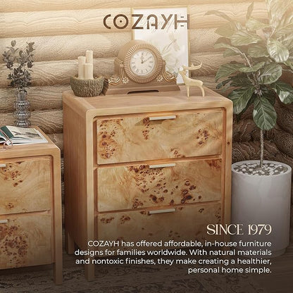 COZAYH Burl Finish 3 Drawer Nightstand, Wood Rustic Farmhouse Dresser, Vintage Accent Storage Bedside Table for Bedroom Entryway, Fully Assembled, Natural