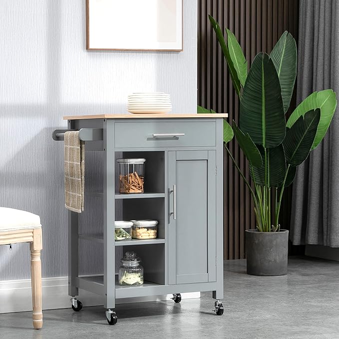 HOMCOM Kitchen Island Cart, Rolling Kitchen Island with Storage Shelf, Solid Wood Top, Drawer, for Dining Room, Gray