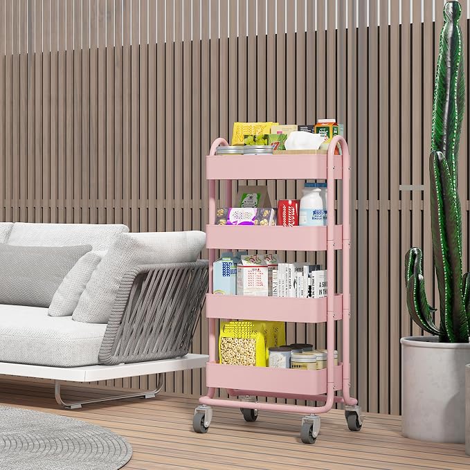 4 Tier Metal Rolling Cart Pink Utility Cart with Wheels,Rolling Pink Cart for Office,Home,Kitchen,Garden（13.4"x18.1"x40"）