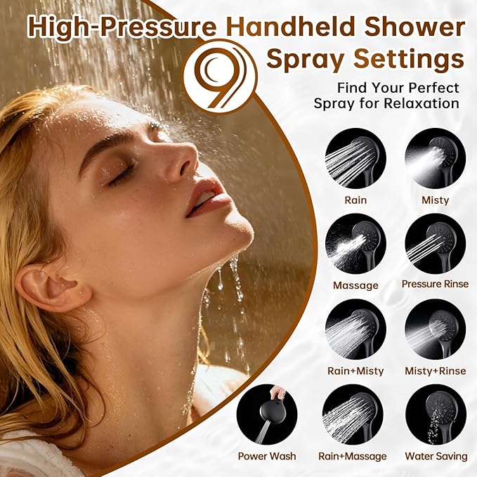 BRIGHT SHOWERS Rain Shower Head with Handheld Spray Built-in Power Wash, High Pressure Dual Shower Head with Height Adjustable Extension Arm, 3-Way Diverter, 9 Settings Handheld, 69” Long Hose, ORB