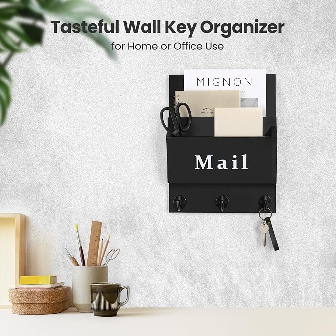 Mail and Key Holder - Decorative 8.86" x 11.42" Wall Key Hanger with 2 Mail Organizer Slots and 3 Hooks - Real Paulownia Wood with Keyhole Brackets, Hardware and Instructions (Black)