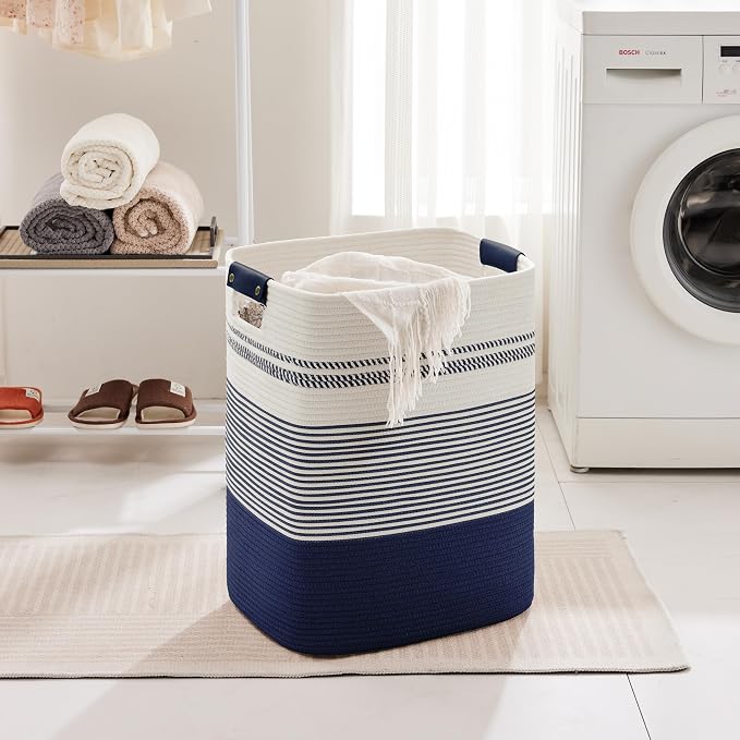 85L Tall Laundry Hamper with Handles for Living Room Storage, Extra Large Woven Rope Baskets Bin for Blanket, Kids Toy, Gifts, Wicker Hamper for Bedroom Dirty Clothes, 17"x14"x22" White Navy