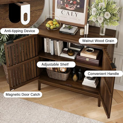 Sideboard Buffet Cabinet with Storage, Freestanding Kitchen Storage Cabinet with 2 Slatted Doors and Adjustable Shelves, Wooden Cupboard for Kitchen, Entryway (Slatted Door Walnut)